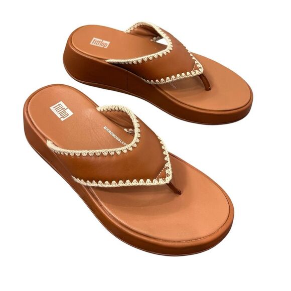 FitFlop Sandals Platform 8 Brown F-Mode Crochet Stitch Leather Flatform Toe Flip - Picture 1 of 16